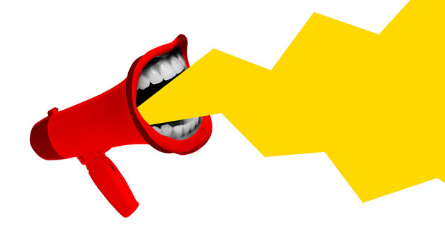 Bold colorful poster. Red megaphone with human mouth shouting yellow flash symbolizing loud statement and emotional expression. Concept of journalism, breaking news, and impactful media communication.