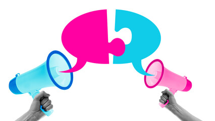 Digital artwork. Two hands holding megaphones with puzzle-shaped speech bubbles symbolizing...