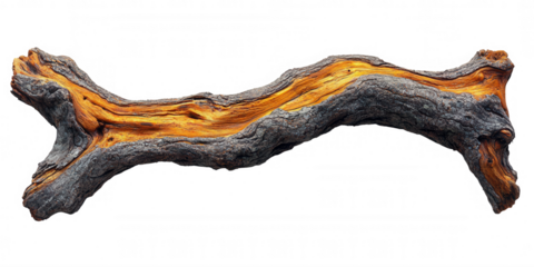 Abstract organic wood texture with glowing orange and yellow inner core isolated on transparent background