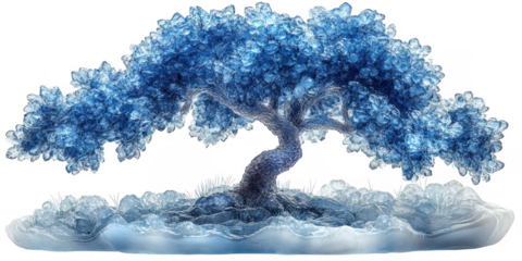 Enchanting crystalline blue tree with intricate branches and leaves resembling a magical winter wonderland isolated on transparent background