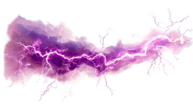 Purple lightning bolt striking through stormy clouds on white background, cut out transparent
