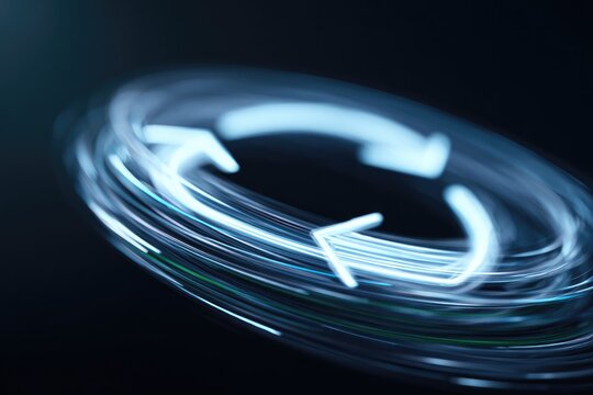 Dynamic circular arrows in glowing blue design create sense of m