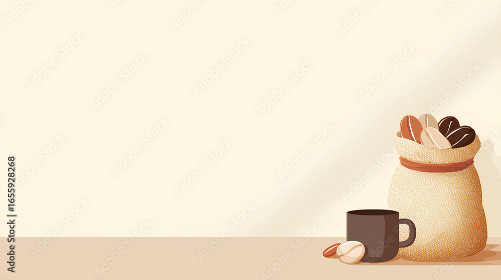 Aufkleber illustration of coffee bean sack and mug placed at bottom corner with soft cream background and empt