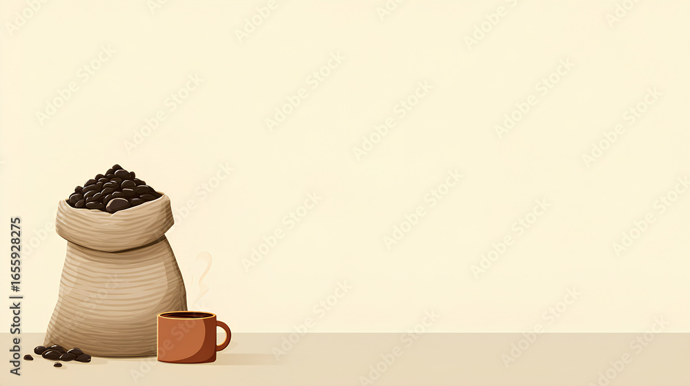 Aufkleber illustration of coffee bean sack and mug placed at bottom corner with soft cream background and empt