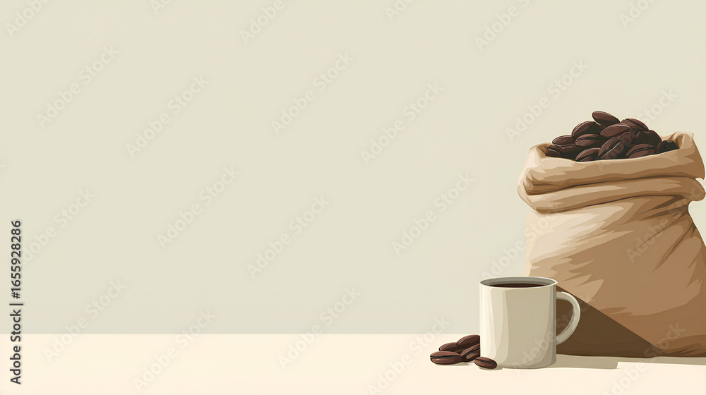 Aufkleber illustration of coffee bean sack and mug placed at bottom corner with soft cream background and empt