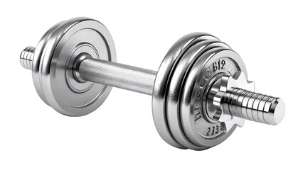 Fototapeta premium Metallic dumbbell, high-resolution, sharp edges, fitness equipment isolated on white background PNG.