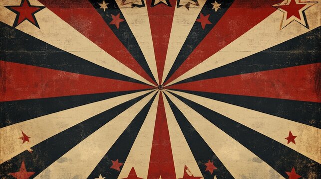Retro-style burst pattern background with red, white, and blue stripes and star embellishments, vintage texture - Powered by Adobe