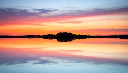 Colorful sunset reflected on a calm lake.