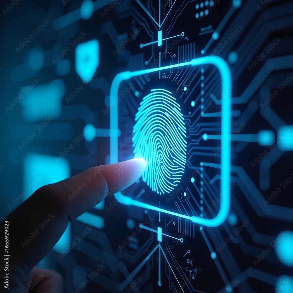 Poster digital security and biometric authentication technology concept with glowing fingerprint scanner in