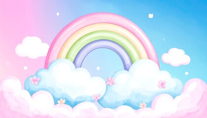 Pastel Rainbow Arcing Over Fluffy Clouds with Tiny Pink Flowers in a Dreamy Sky