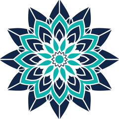 Intricate Floral Design with Teal and Navy Blue Petals Arranged in a Symmetrical Pattern on Transparent