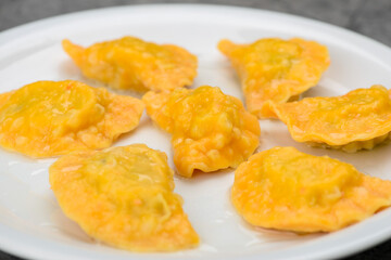 Fried dumplings in a white plate on a gray background macro