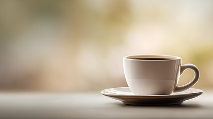 Obraz premium illustration of coffee cup and saucer on left side with blurred background and blank space on right for text