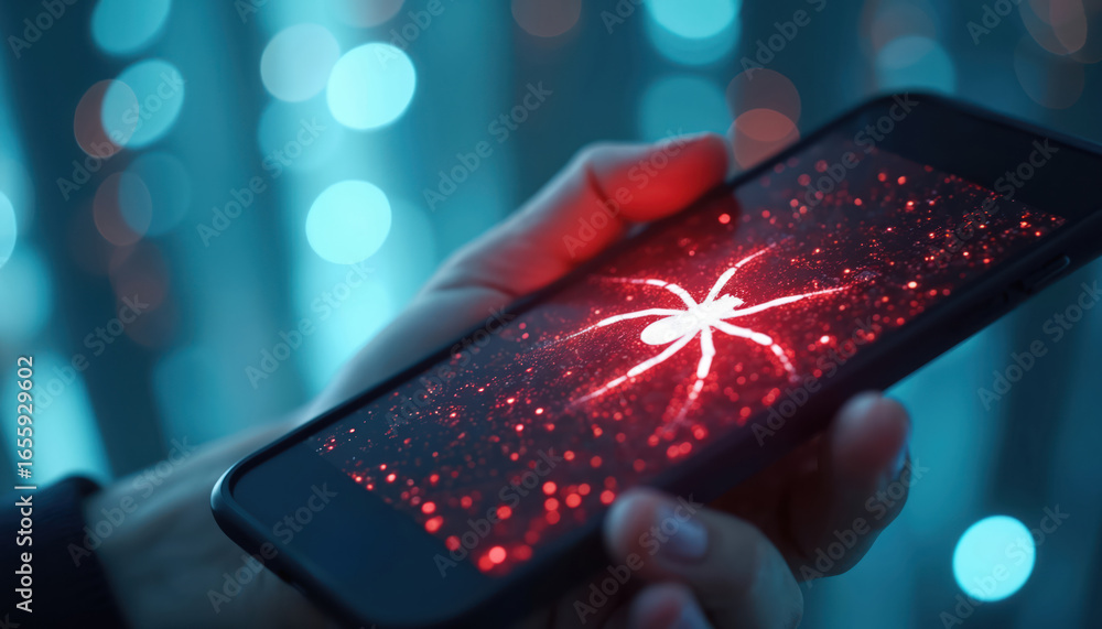 Poster close-up on hand holding smartphone with illuminated white spider graphic on screen. digital technol