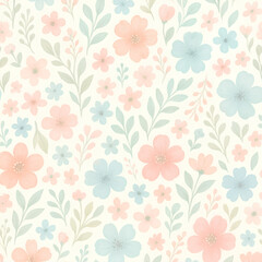 Fototapeta premium Soft Pastel Watercolor Floral Pattern with Peach and Blue Flowers and Green Leaves.