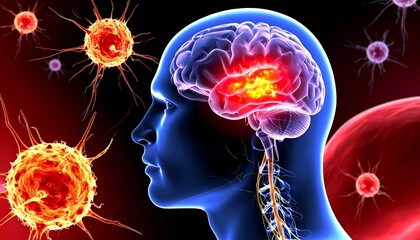 Brain with highlighted lesion and surrounding cells.