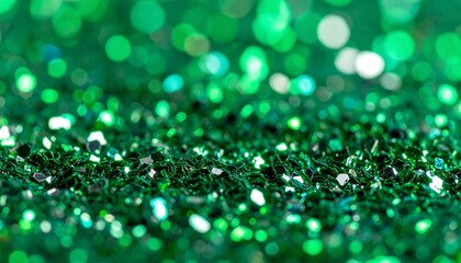 Close-up view of shimmering emerald green glitter, showcasing a vibrant and festive texture.