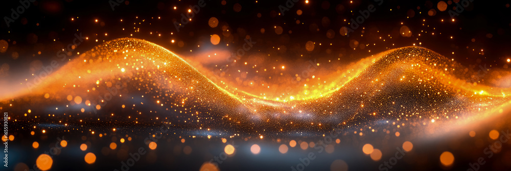 Poster Dynamic abstract flow of shimmering golden particles creating elegant wavy lines and magical bokeh light effect on dark background
