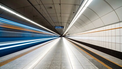 Tren de metro en movimiento con estela de luces azules y blancas en túnel futurista de arquitectura moderna