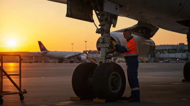 Aircraft mechanic inspecting landing gear at airport during sunrise for maintenance, engineering and aviation safety check on tarmac