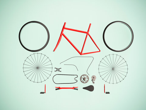 Bicycle components in order in a 3D rendering on a light background