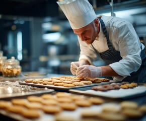 Confectioner, chef meticulously decorates pastries in a professional kitchen, showcasing precision and culinary expertise. The warm lighting and focus highlight the artistry of baking.
