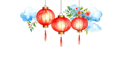 Red and gold hanging lanterns decorated for Chinese New Year celebration on white background