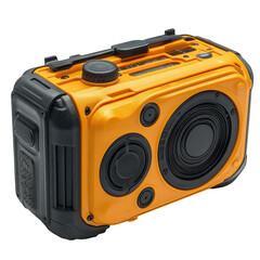 Rugged orange portable boombox speaker with a retro design and modern features for outdoor adventures and music listening isolated on transparent background