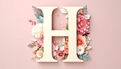 Floral Letter H with Paper Art, and Pink Background.
