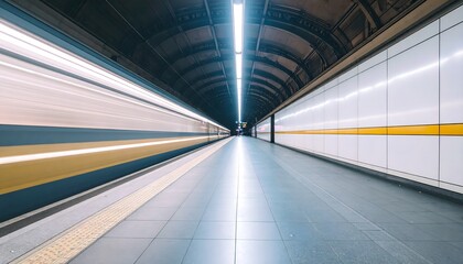 Obraz premium Estación de metro moderna con tren en movimiento a alta velocidad, interior urbano futurista con luces simétricas