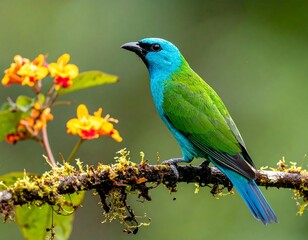 Obraz premium Vibrant bird perched on branch with flowers