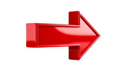 Glossy Red Three-Dimensional Arrow Pointing Right Against White Background, cut out transparent