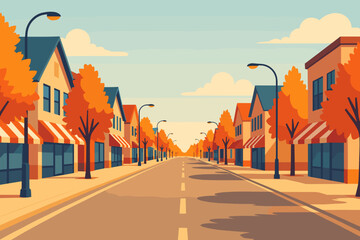 Warm fall town street with orange trees, shop facades and long perspective. Clean flat background with copy space for banners, posters and websites