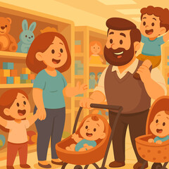 Happy family visiting a toy shop; children choosing presents among plush, blocks and games. Clean flat vector for e-commerce, catalogs and holiday campaigns