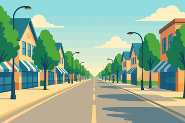 Bright flat-style illustration of a small town main street with green trees, shop facades and long perspective. Clean background with copy space for web, banner or poster