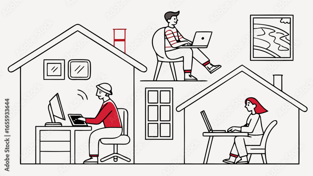 Poster Remote work from home freelancers working on laptops and computers in separate houses vector image