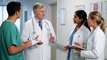 Group of doctors discussing in a hospital hallway with clipboards and wearing white coats