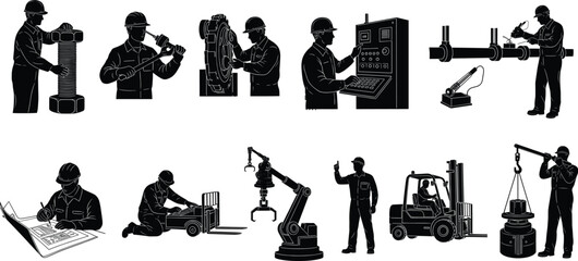 Industrial and engineering workers silhouettes operating machinery, inspecting equipment, using tools, managing forklifts, robotic arms, construction site activities, safety and precision tasks