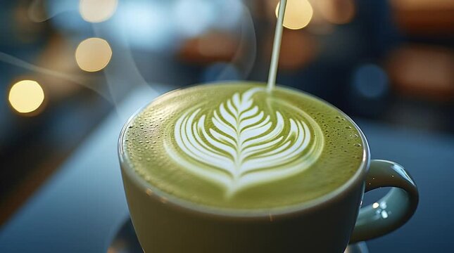 Pouring latte art into a creamy green matcha tea.