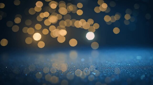 Abstract festive background with shimmering golden bokeh lights and glitter on a dark blue textured surface for product display