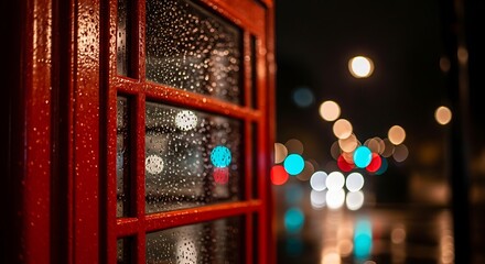 Iconic Red Telephone Booth at Night in Rain.