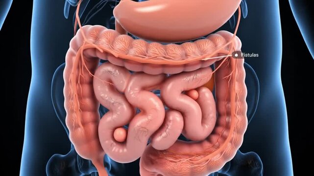 Human body with visible digestive system including stomach and intestines on dark background