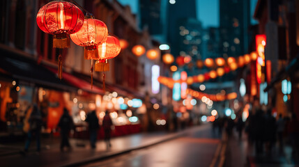 Lunar New Year Street Festival with Red Lantern Decorations and Crowds in Asian Chinatown Night Celebration
