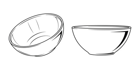 Fototapeta premium Minimalist Line Art: Two Empty Bowls in Different Positions, Kitchenware Icon Vector.