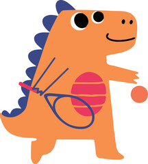 Playful orange dinosaur character holding a tennis racket and preparing to hit a ball.