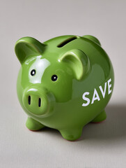 Green piggy bank labeled 'SAVE' on neutral background.
