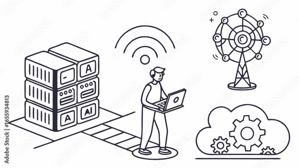 Poster ai cloud computing server network technology man laptop wireless connection infrastructure automatio
