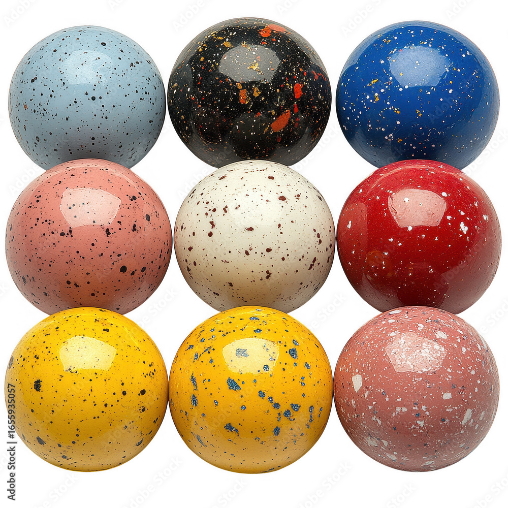 Poster a collection of nine colorful marbles with speckled patterns arranged in a three by three grid isola