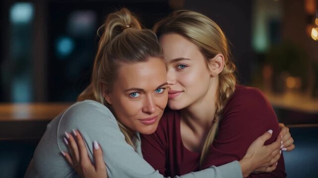 pair of blond sisters / young mother and her almost adult daugther hugging on the couch; cozy house interior