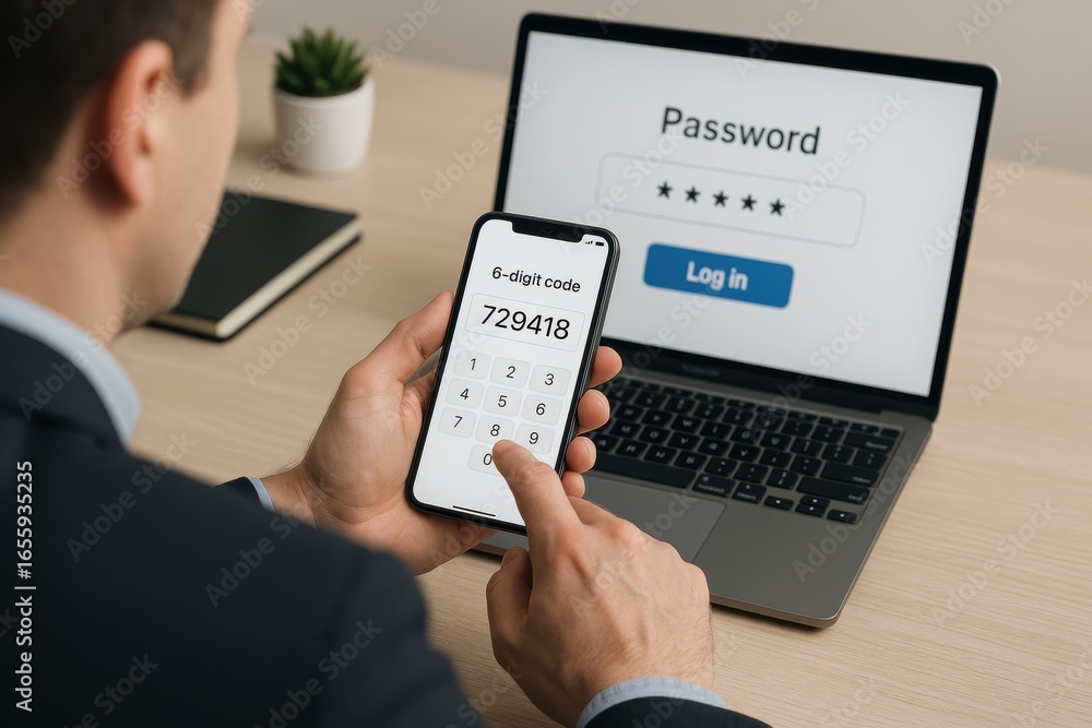 Poster secure access: a professional individual using mobile authentication, safeguarding digital informati